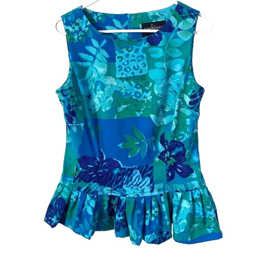 John Roberts Blue & Green Floral Peplum Blouse Top Ruffle Detail Back Size US 10
